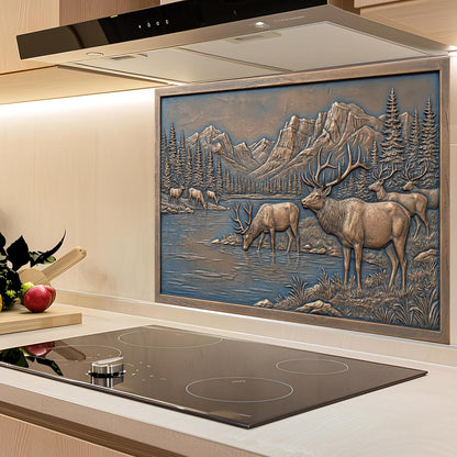 Mountain elk wilderness custom kitchen backsplash with rustic forest and lake landscape on tempered glass
