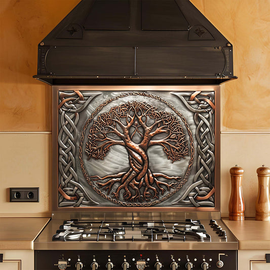 Celtic Tree of Life tempered glass backsplash featuring intricate knotwork in copper and steel tones, designed for kitchen and stove backsplash areas