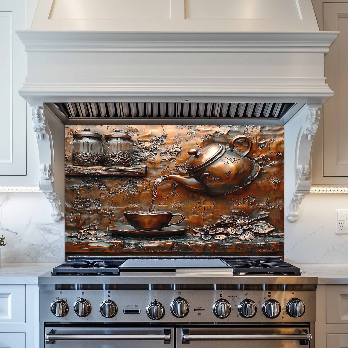 Decorative kitchen backsplash with a copper teapot design above a stove.