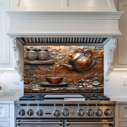 Decorative kitchen backsplash with a copper teapot design above a stove.