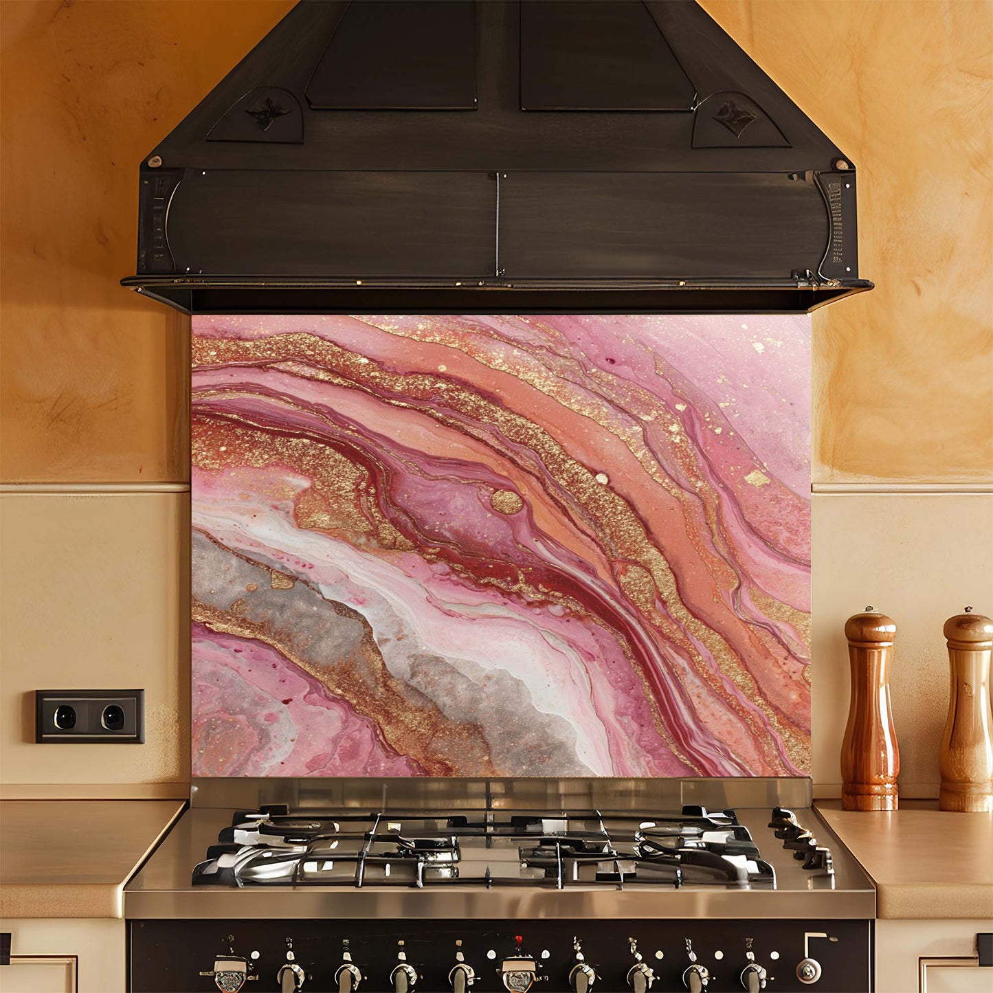 Kitchen stove with a pink and gold marbled look glass backsplash