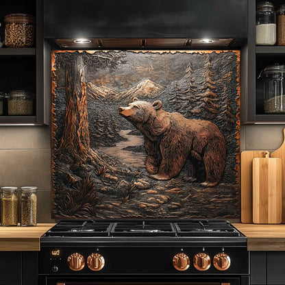 Kitchen with a decorative splashback featuring a bear in a forest scene above a stove.
