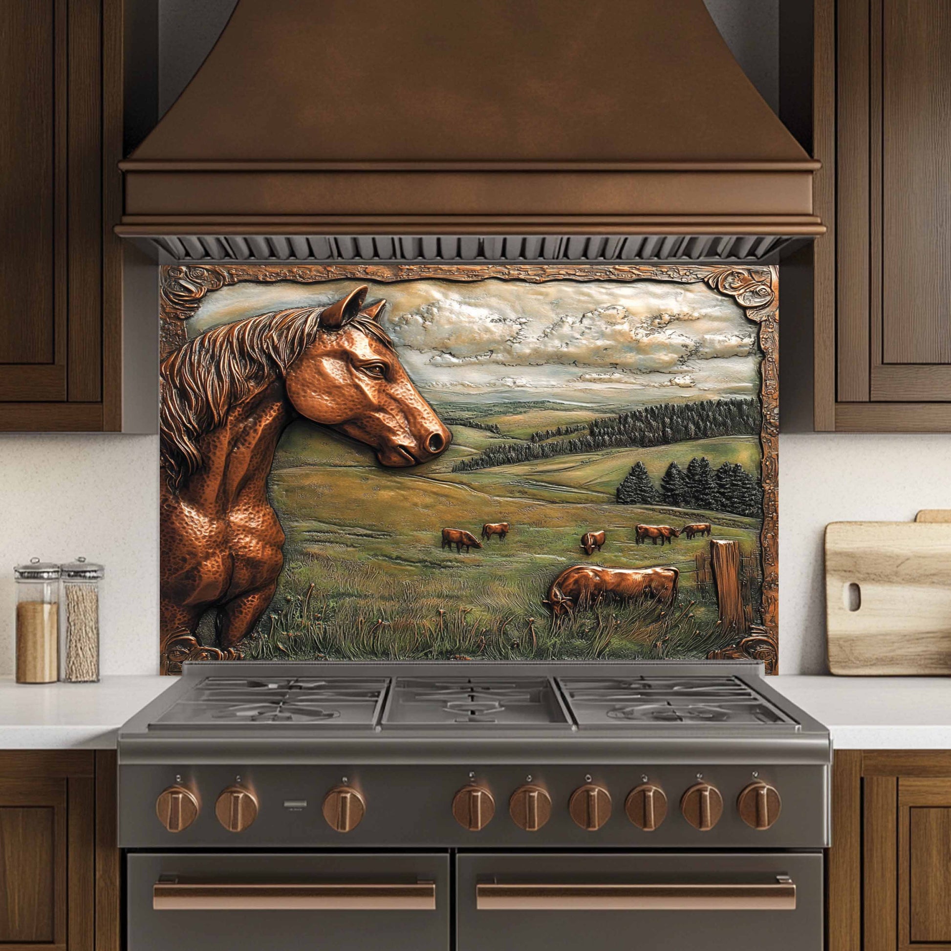 Stove with a decorative backsplash of a horse and landscape in a kitchen setting