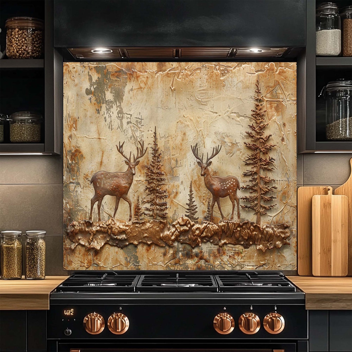 Rustic kitchen glass backsplash with two copper deer in forest. Durable tempered glass, heat-resistant & custom-sized.