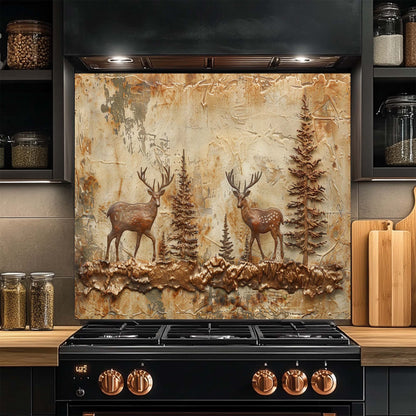 Rustic kitchen glass backsplash with two copper deer in forest. Durable tempered glass, heat-resistant & custom-sized.