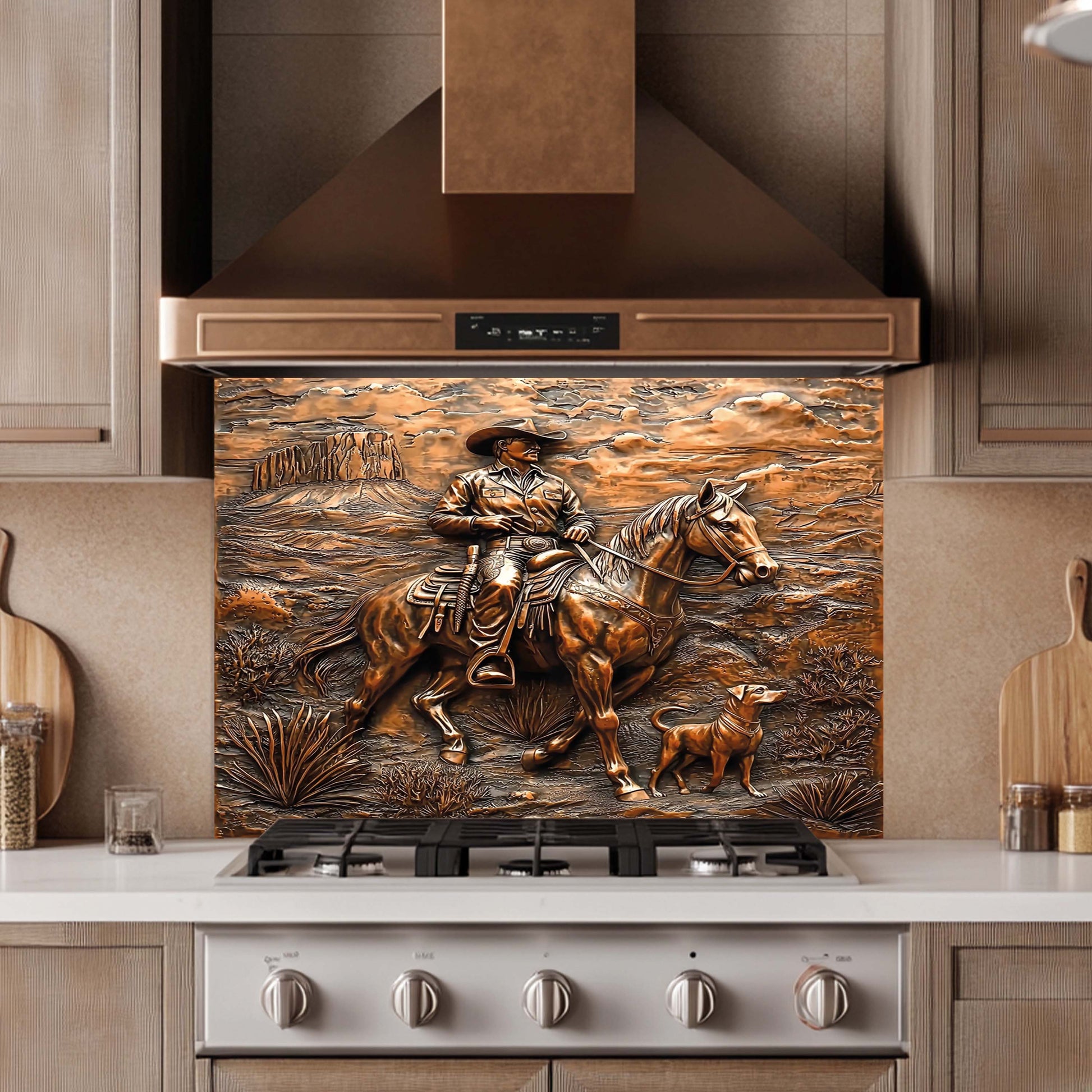 Decorative backsplash with a cowboy and horse design above a stove in a kitchen.
