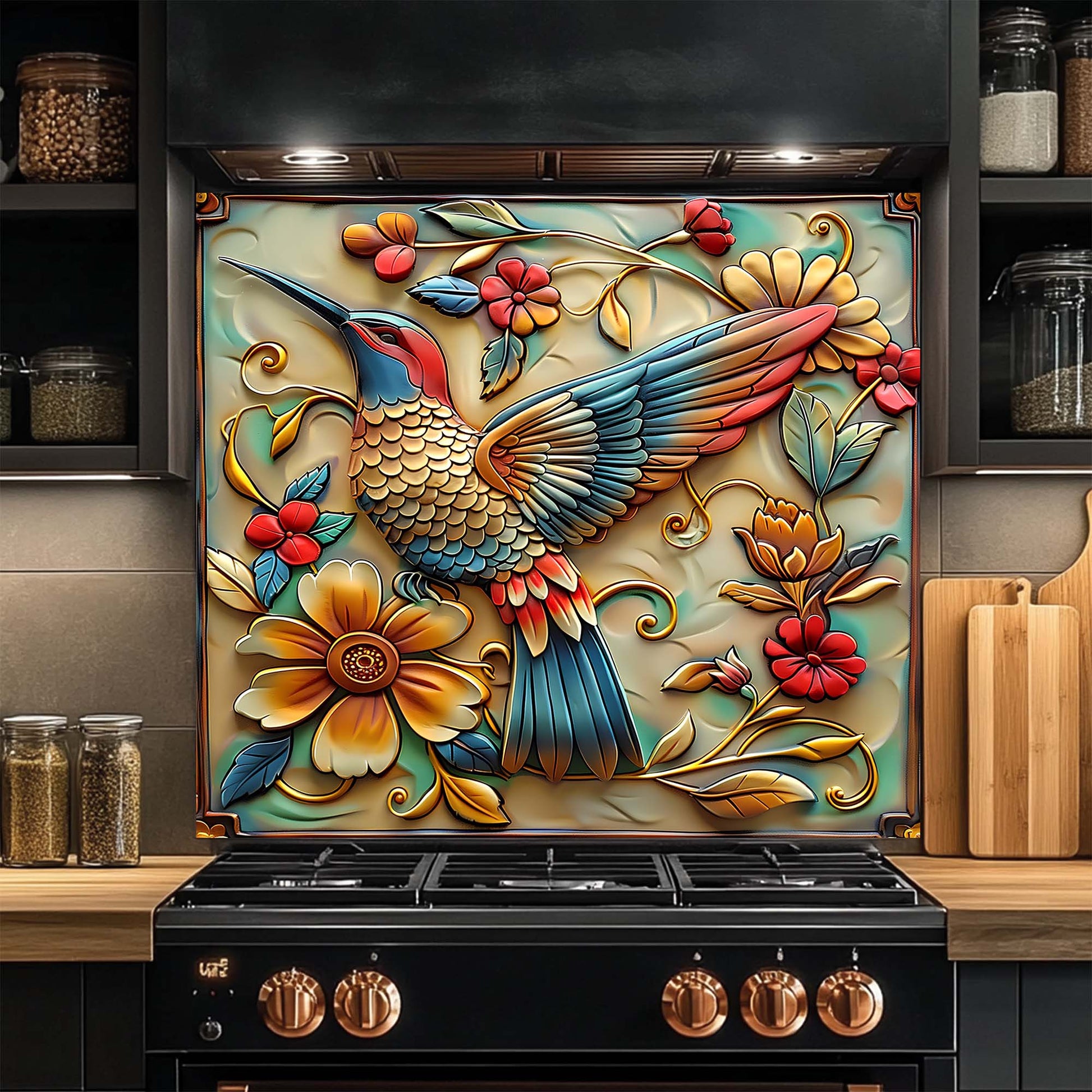 Decorative glass backsplash with a colorful bird and floral design above a stove in a kitchen.