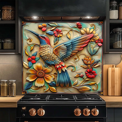 Decorative glass backsplash with a colorful bird and floral design above a stove in a kitchen.