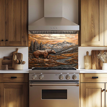Tempered glass backsplash with bronze bear design