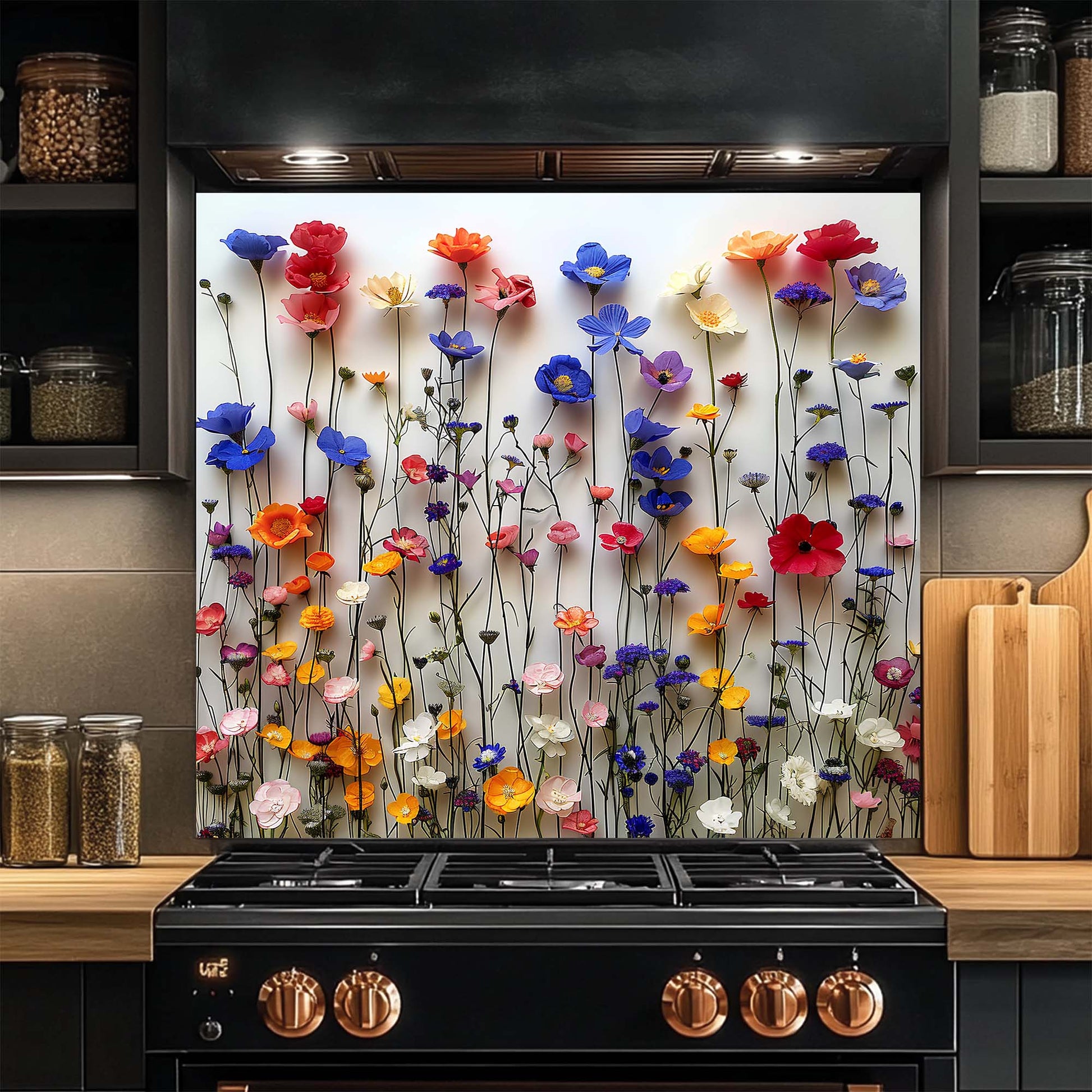 Kitchen stove with colorful floral design on the glass backsplash