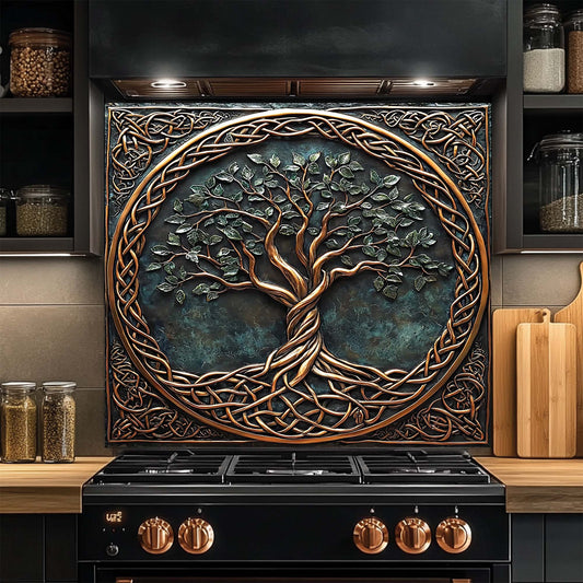 Decorative glass backsplash with tree design above a kitchen stove