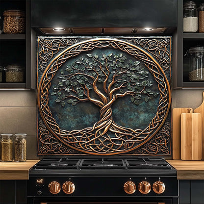 Decorative glass backsplash with tree design above a kitchen stove