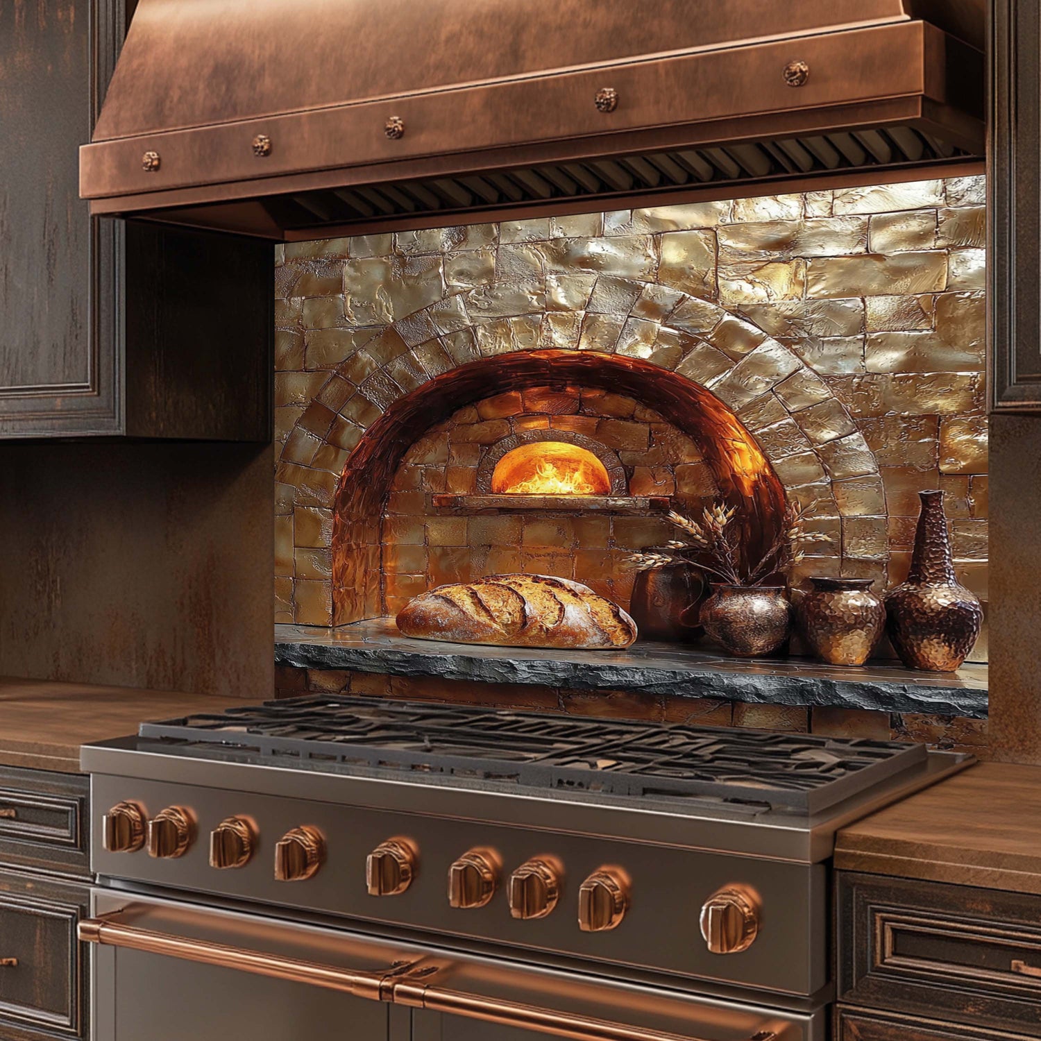 Stainless steel stove with copper look glass backsplash and a stone oven in a kitchen setting.