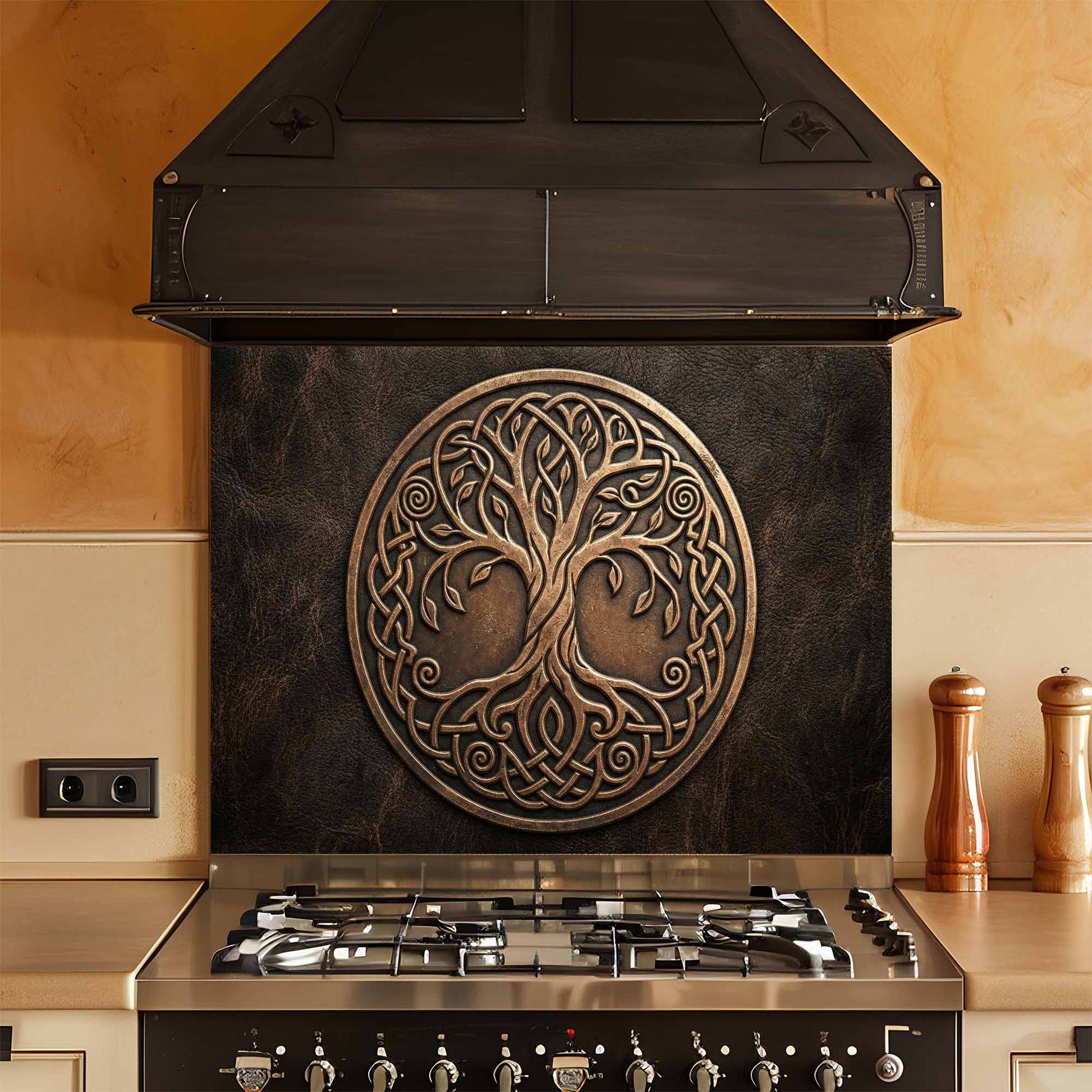 Decorative kitchen stove with tree of life design on a glass backsplash.