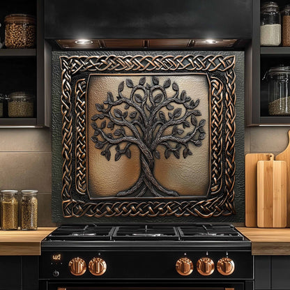 Decorative splashback with tree design above a black stove in a kitchen.