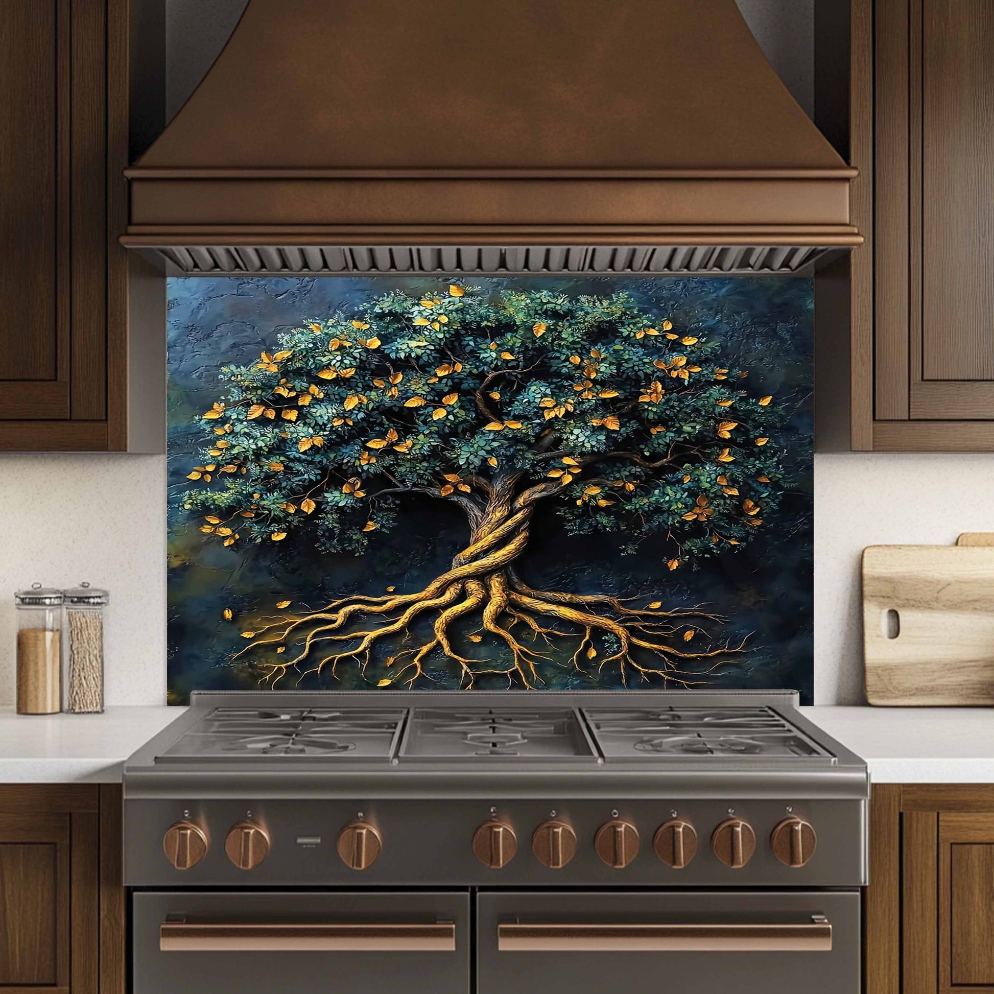 Decorative backsplash of a tree with roots above a stove in a kitchen.