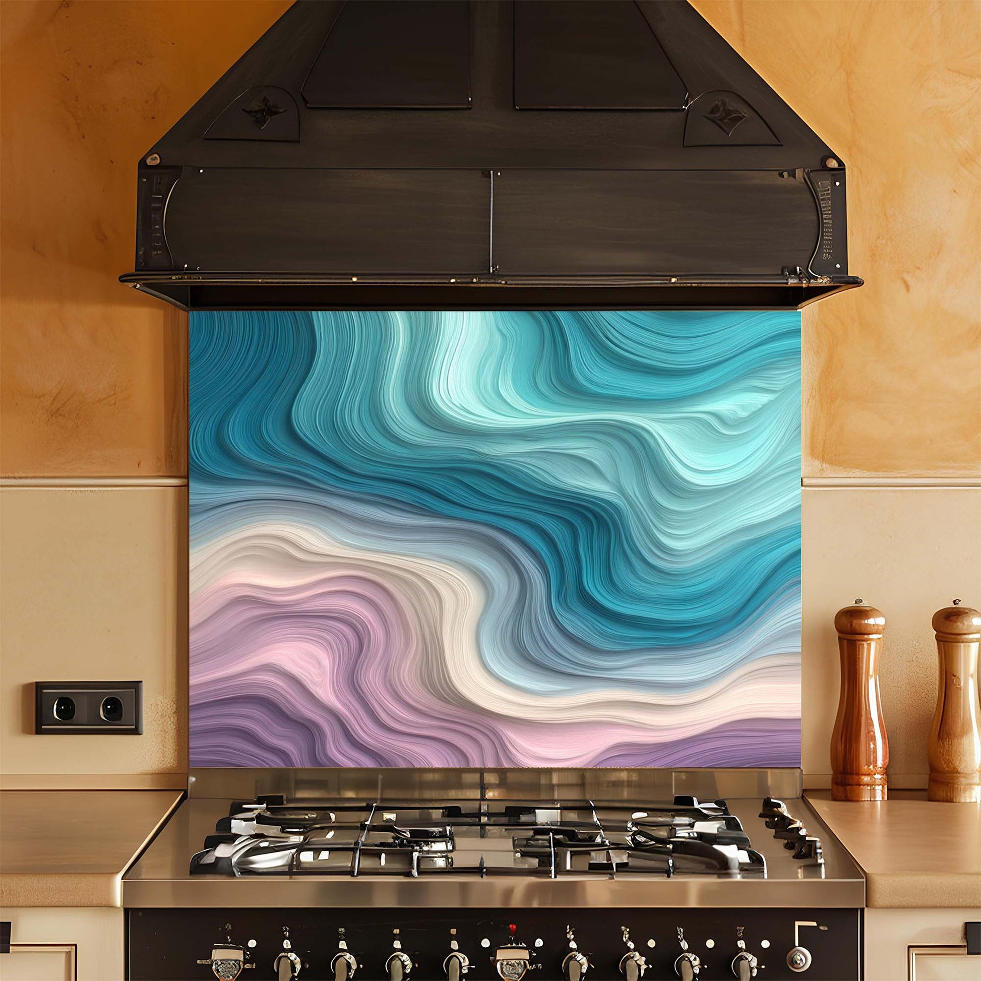 Stainless steel gas stove with a colorful abstract patterned glass backsplash in a kitchen setting.
