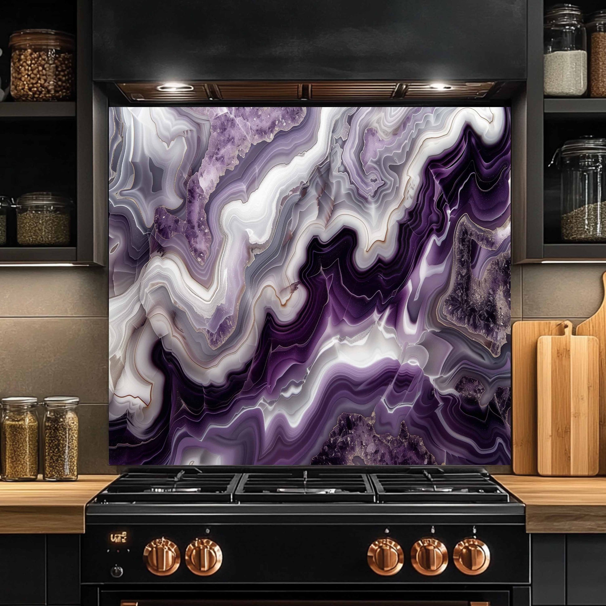 Stainless steel stove with a purple and white abstract design backsplash in a kitchen setting.