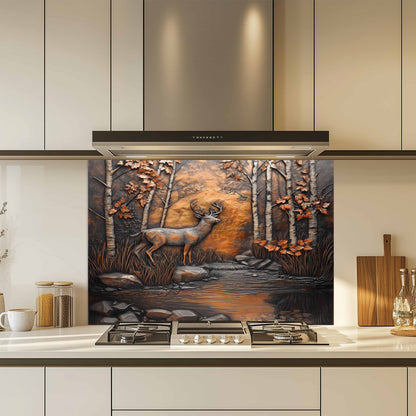 Decorative glass splashback with deer design in a modern kitchen