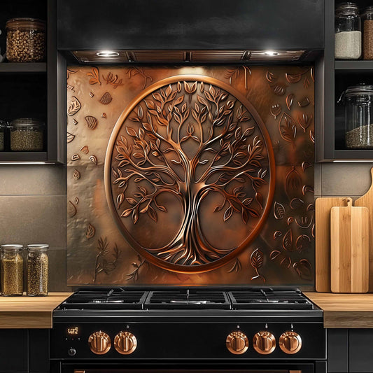 Decorative copper tree of life design on a kitchen backsplash with black stove.