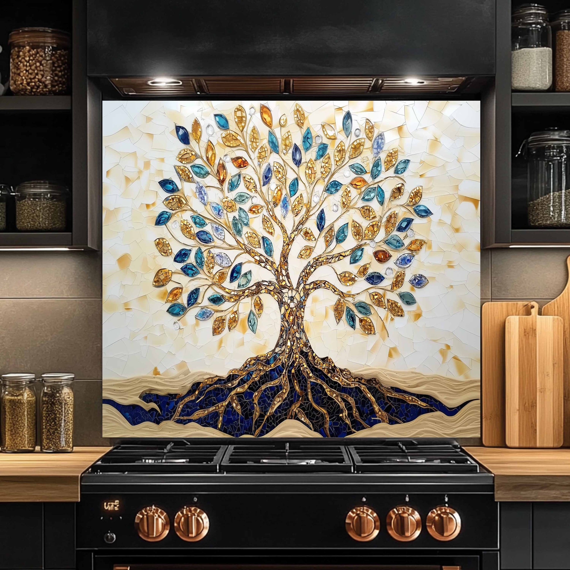 Decorative glass splashback with a tree design in a kitchen setting