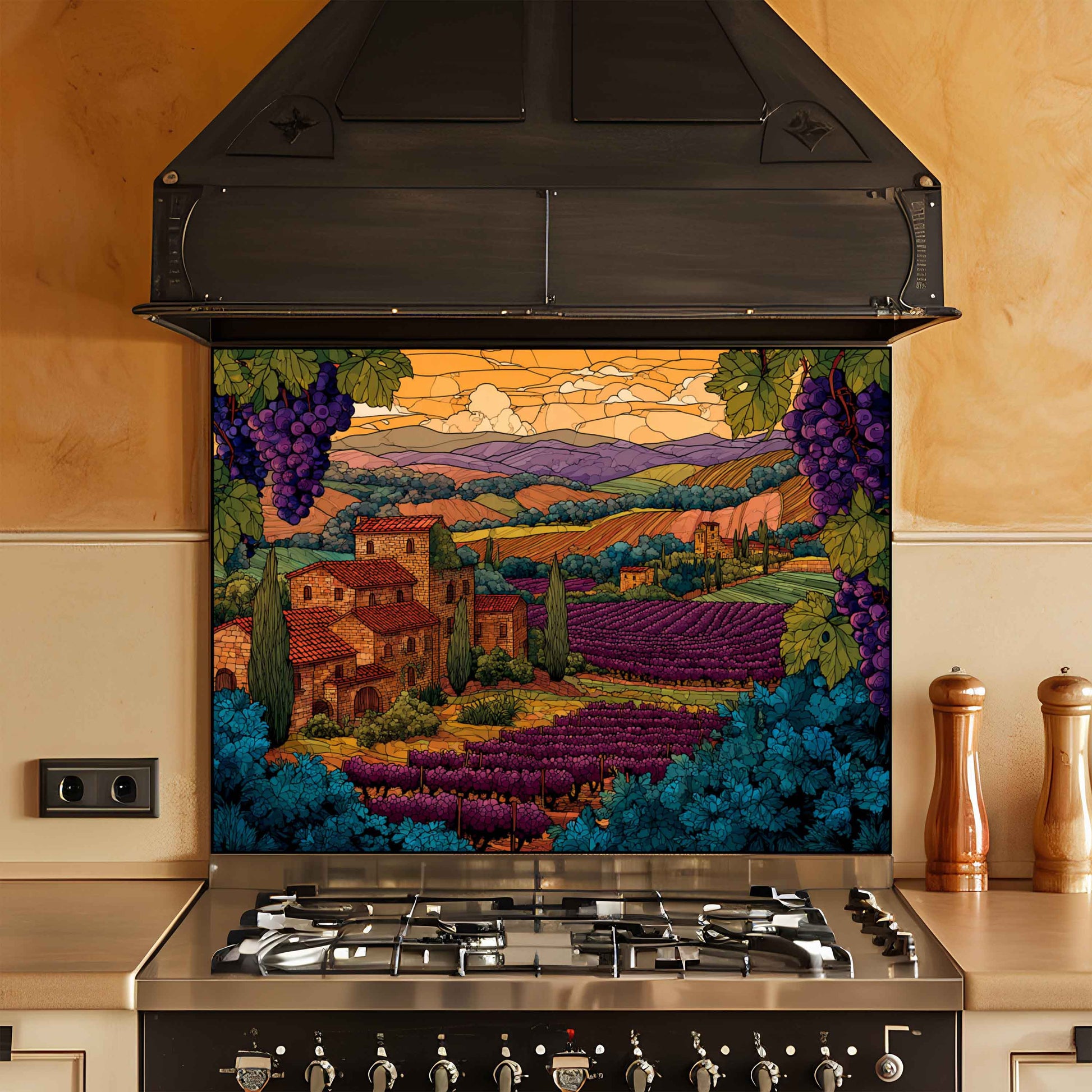 Stainless steel stove with a decorative backsplash featuring a vineyard scene.