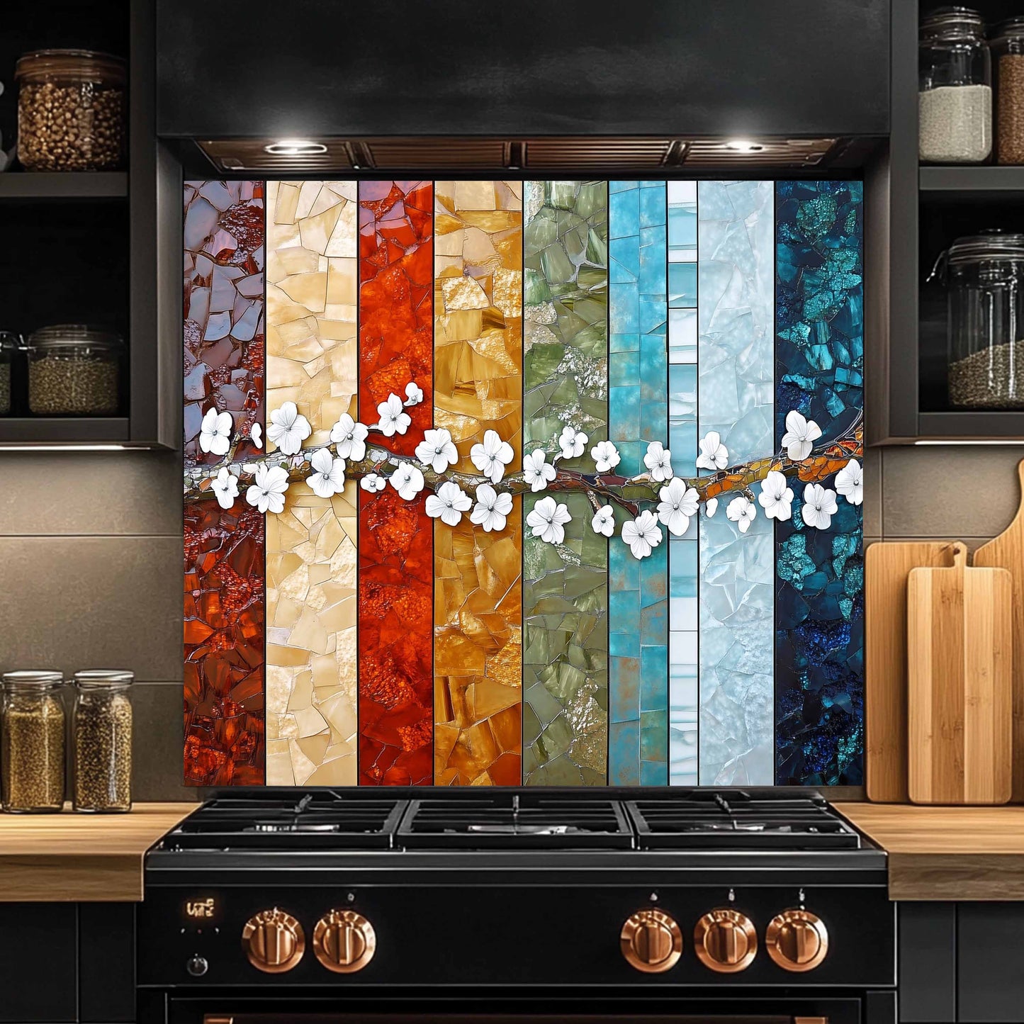 Colorful mosaic backsplash with flowers above a black stove in a kitchen.