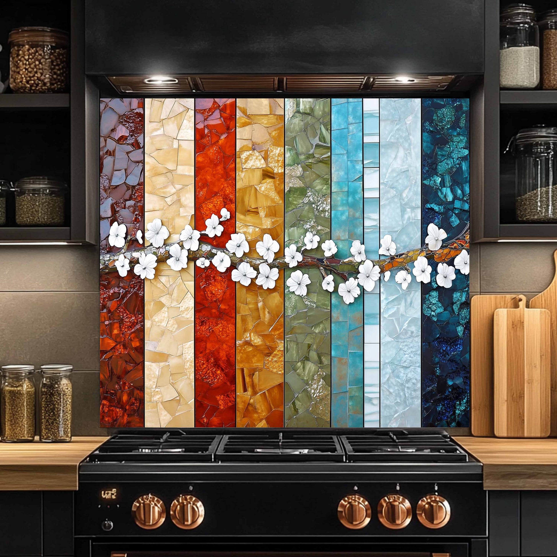 Colorful mosaic backsplash with flowers above a black stove in a kitchen.