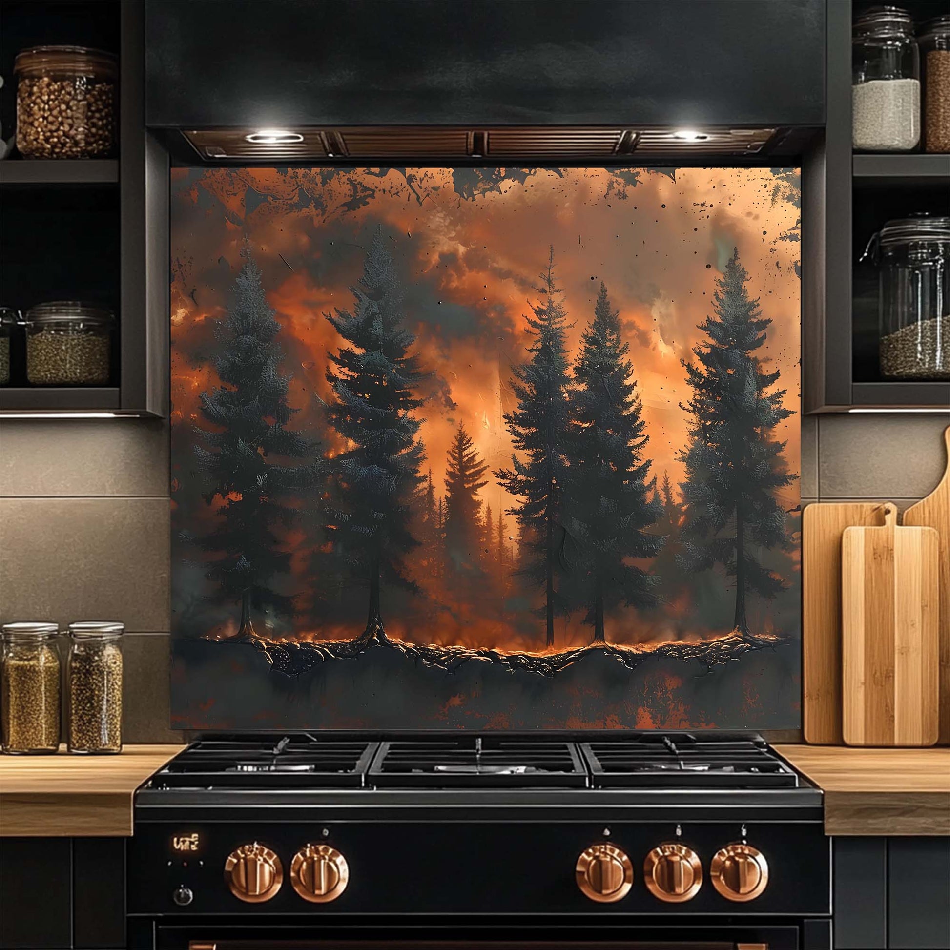 Black stove with a forest fire design on the glass backsplash in a kitchen setting.