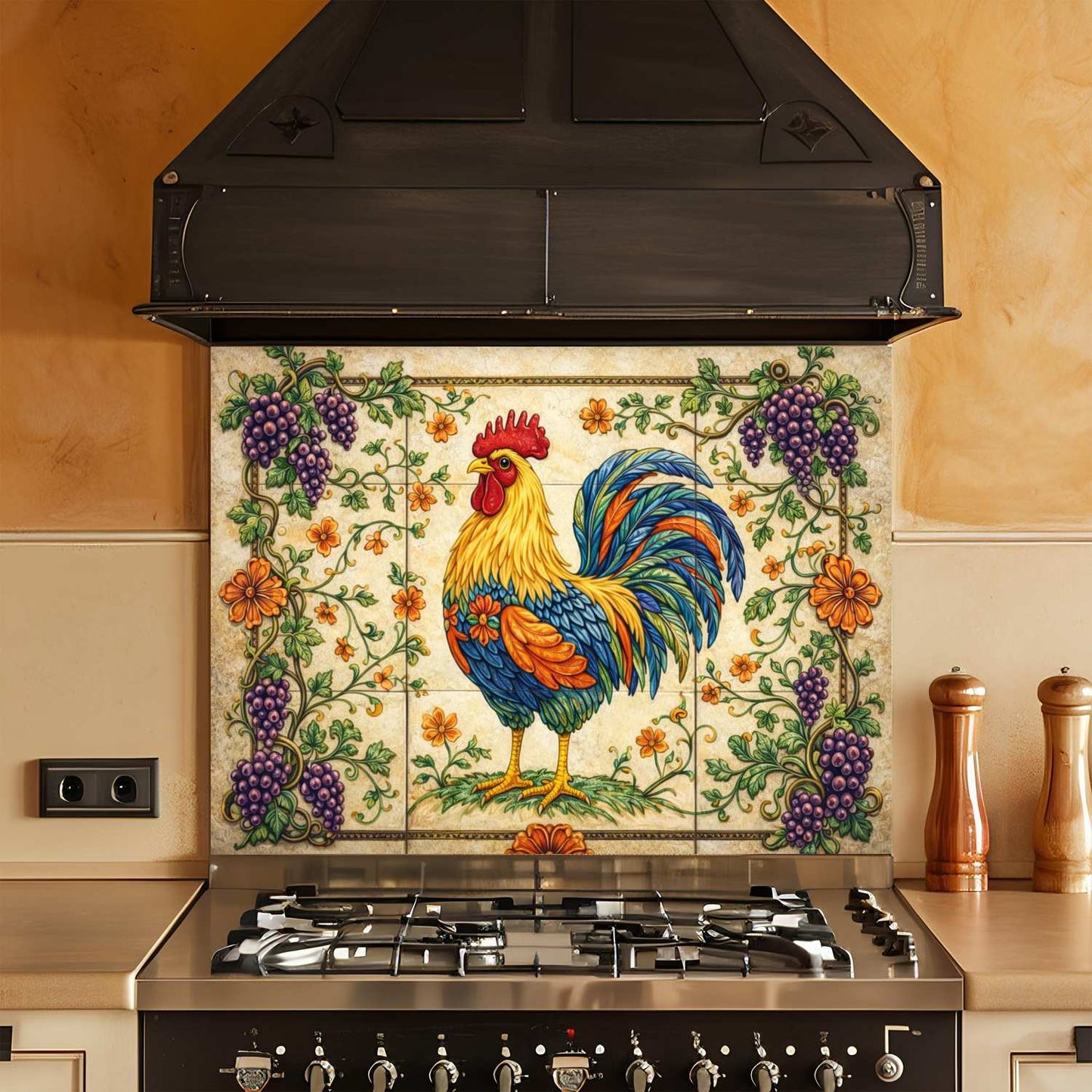 Decorative with a rooster design above a stove in a kitchen.