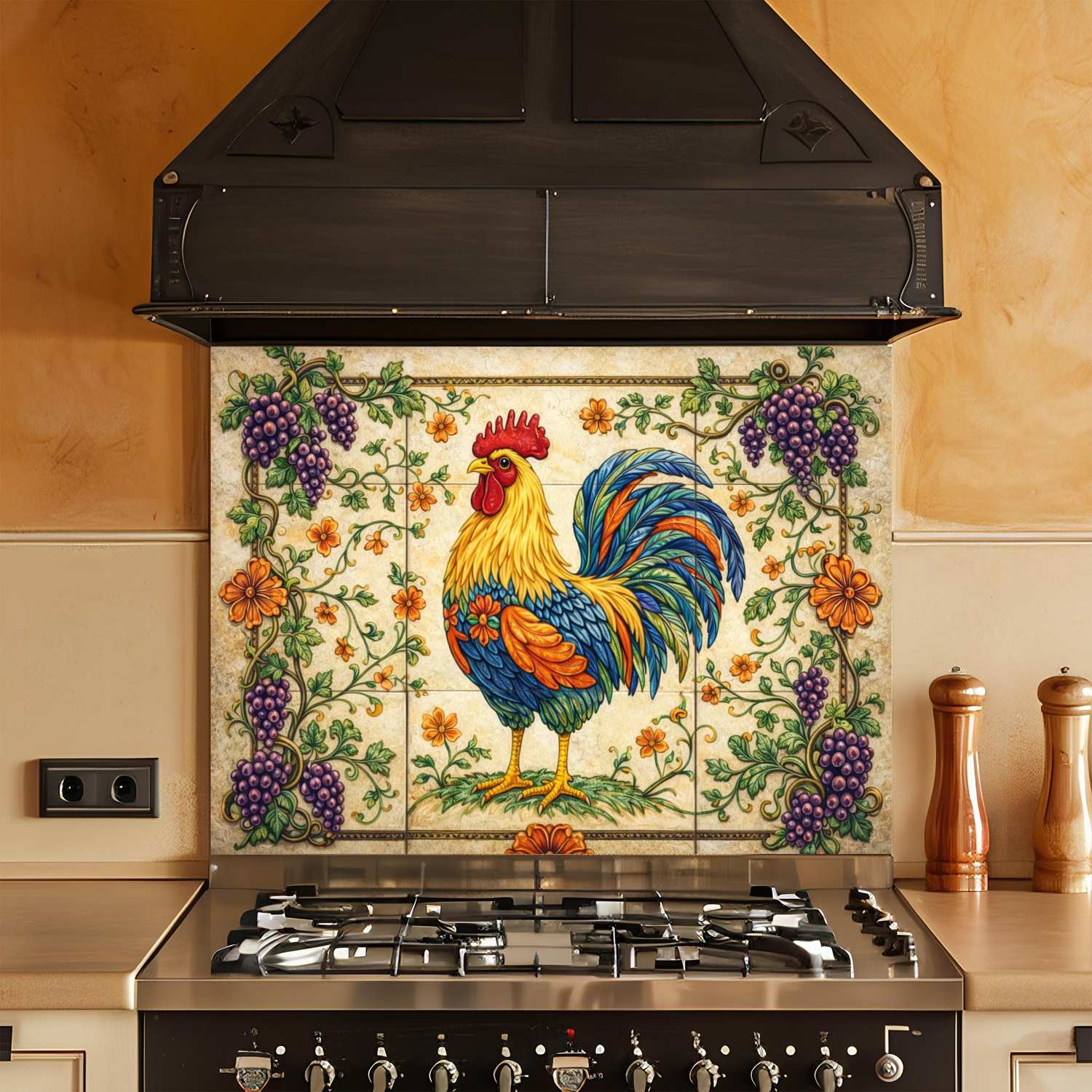 Decorative with a rooster design above a stove in a kitchen.