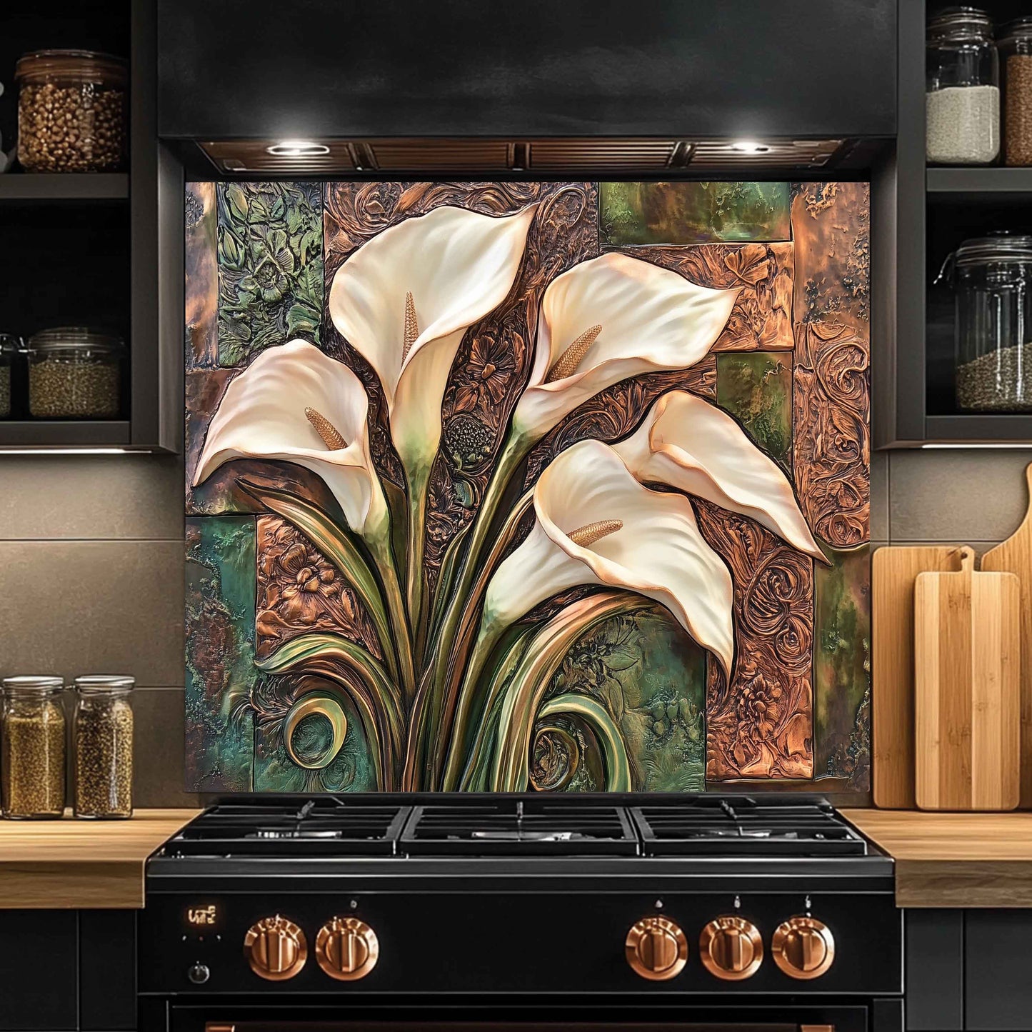 Decorative backsplash with floral design above a stove in a kitchen.