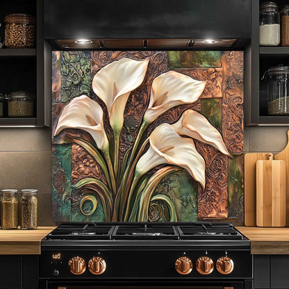 Decorative backsplash with floral design above a stove in a kitchen.