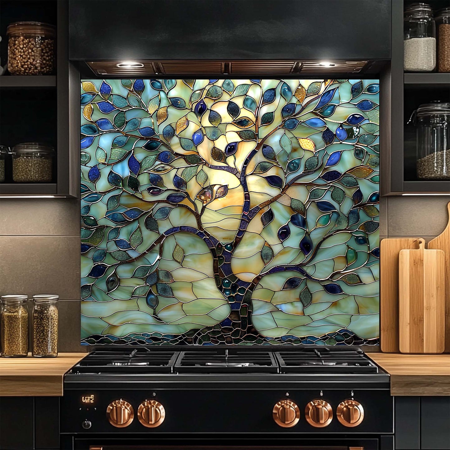 Stained glass tree design on a kitchen backsplash above a black stove.