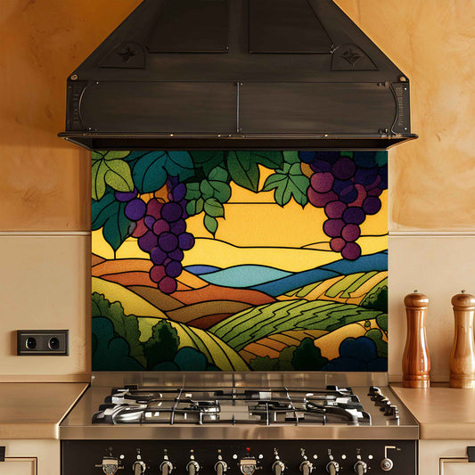 Stylized stained glass backsplash above a stove in a kitchen