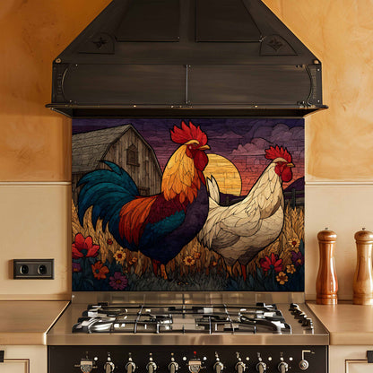 Decorative glass splashback with rooster and hen design above a stove in a kitchen.