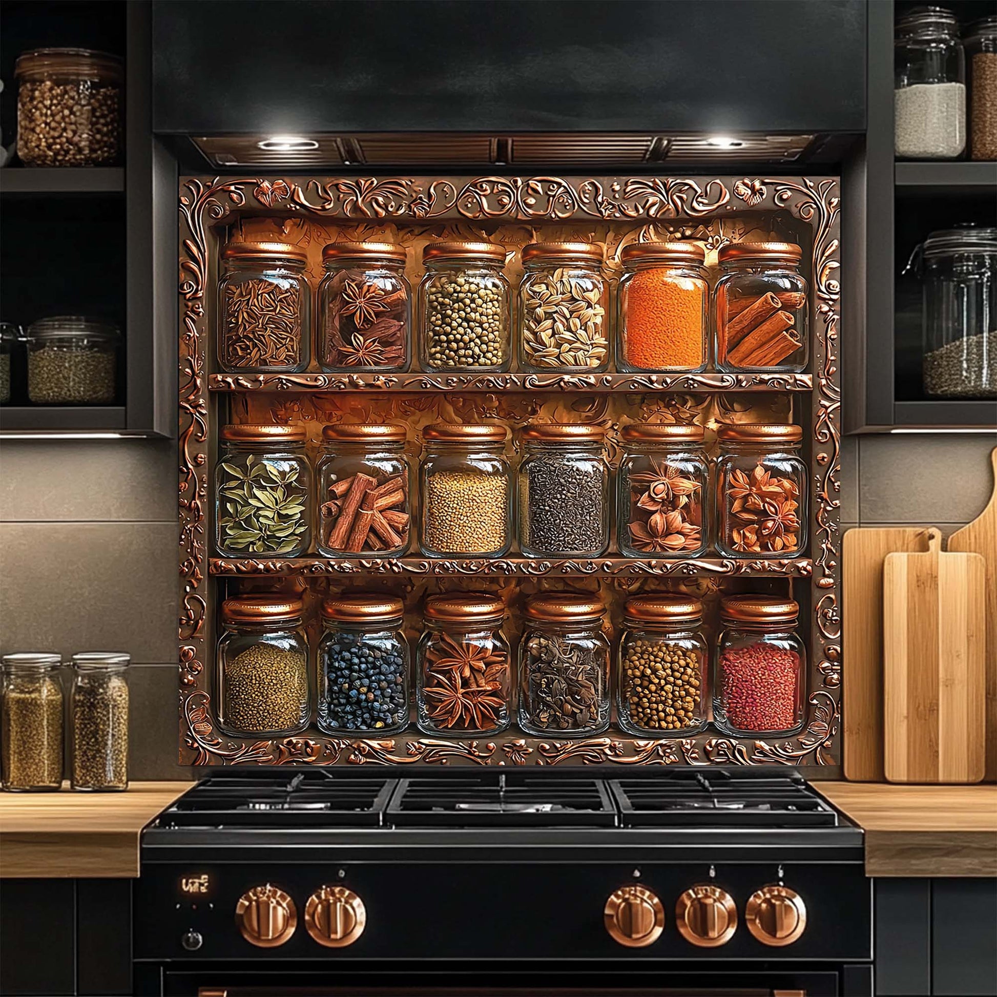 Decorative spice rack design glass backsplash with jars of spices above a black stove in a kitchen.
