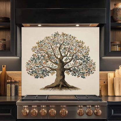 Decorative glass backsplash of a tree on a kitchen wall above a stove.