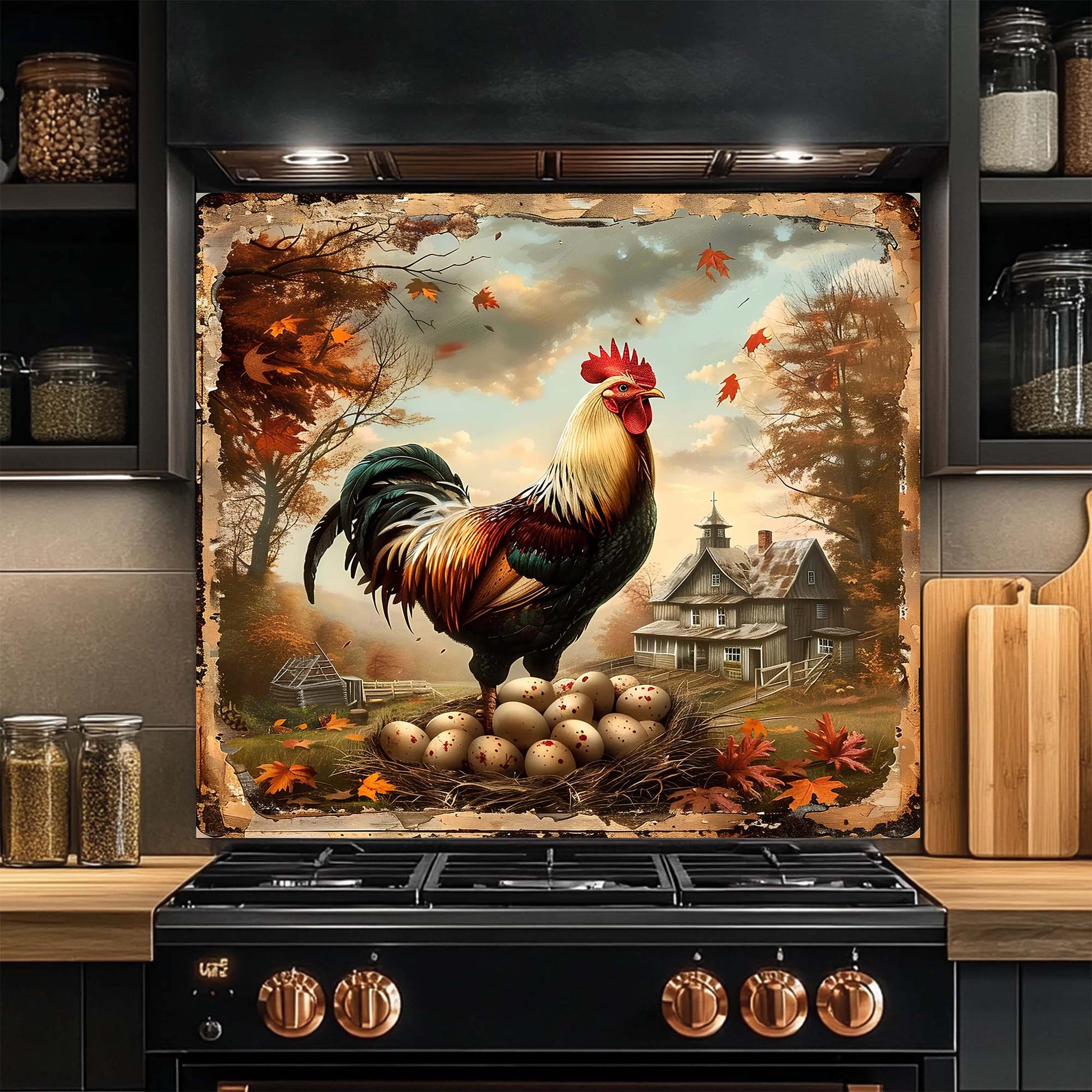 Decorative glass backsplash with a rooster and eggs on a kitchen stove