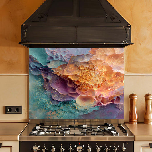 Stainless steel gas stove with a colorful abstract design on the glass backsplash in a kitchen setting.