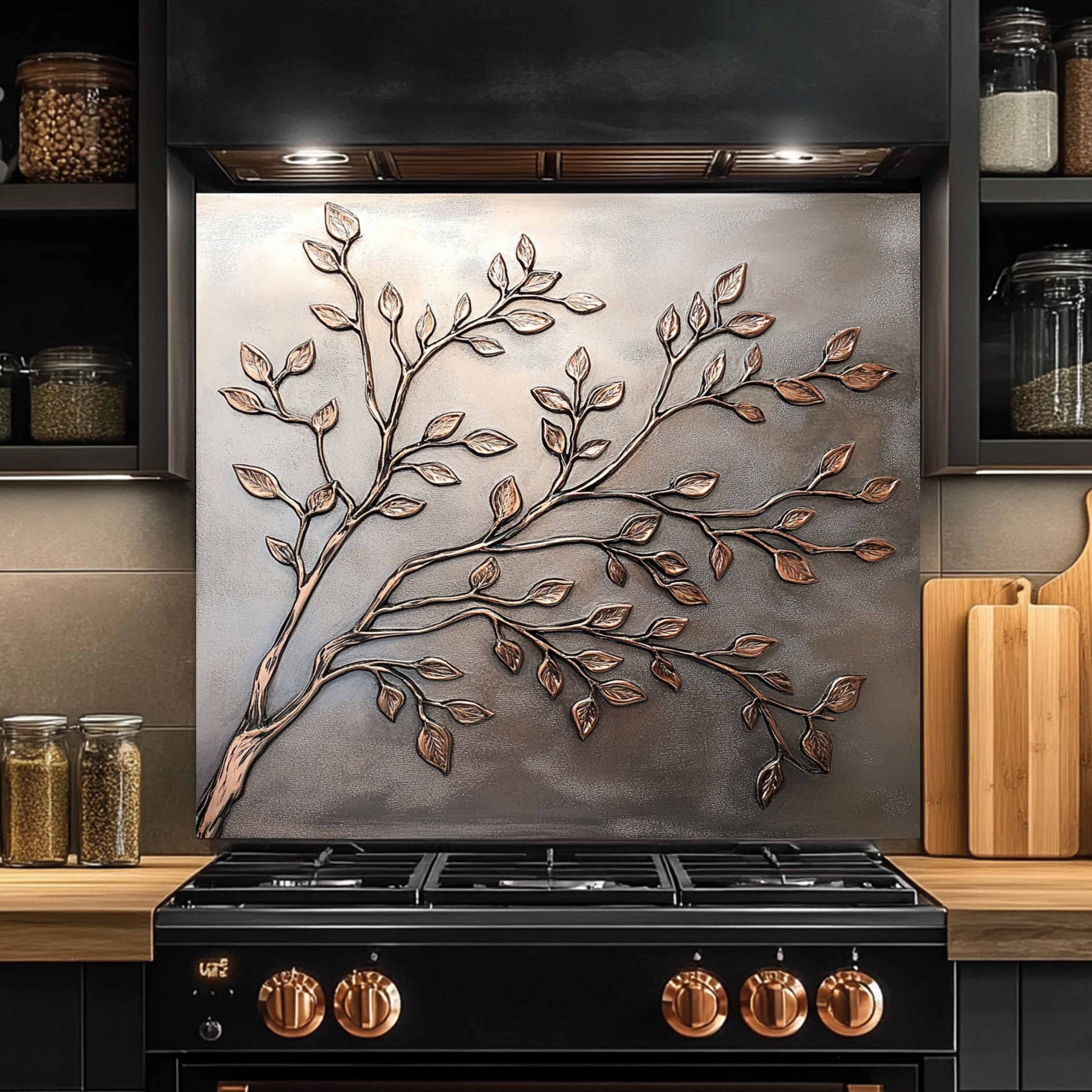 Tempered glass kitchen backsplash art with leaf design above a black stove in a kitchen.