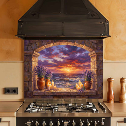 Decorative kitchen backsplash with a scenic design of lavender, candles, and a sunset over water.
