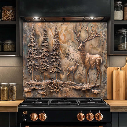 Decorative glass backsplash with deer and forest design above a black stove in a kitchen.