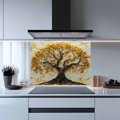 Kitchen with a decorative glass splashback featuring a tree design.
