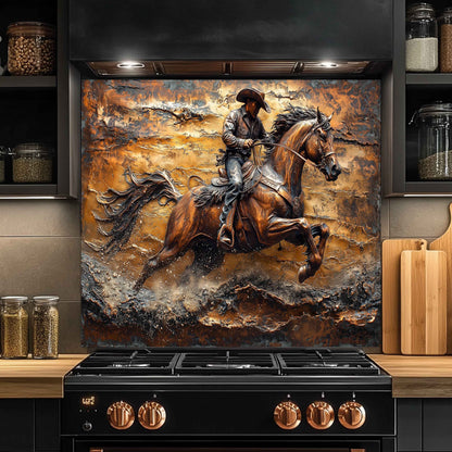 Decorative backsplash with a cowboy and horse design above a black stove in a kitchen.