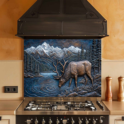 Stainless steel stove with decorative glass backsplash featuring a mountain and deer design.