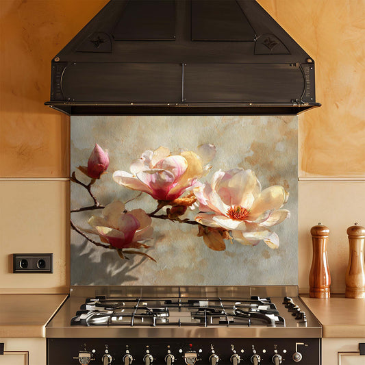 Kitchen stove with floral design glass splashback and wooden salt and pepper shakers.