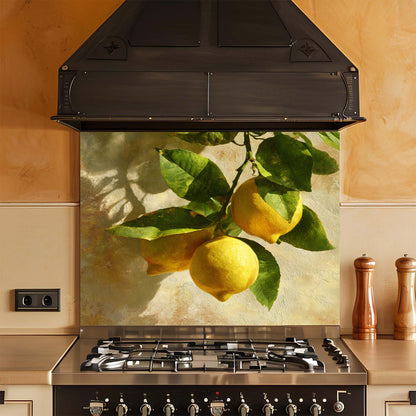 Kitchen stove with a decorative glass backsplash featuring lemons and leaves.