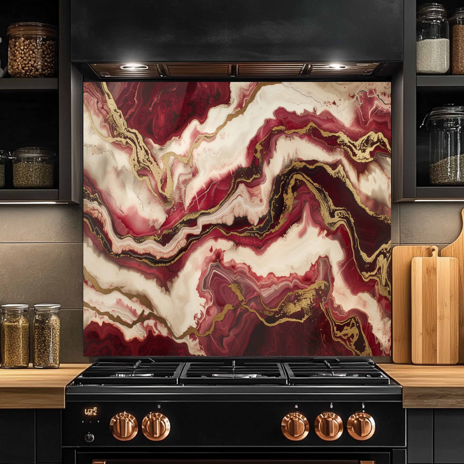 Kitchen with a black stove and decorative wall panel featuring red and gold abstract design.