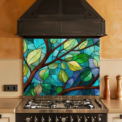 Stylized stained glass wall art above a stove in a kitchen.